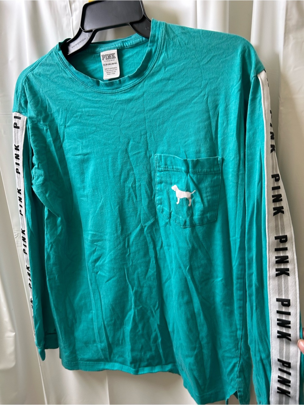 PINK Victoria's Secret Teal Long Sleeve Pocket Tee with White Dog Logo